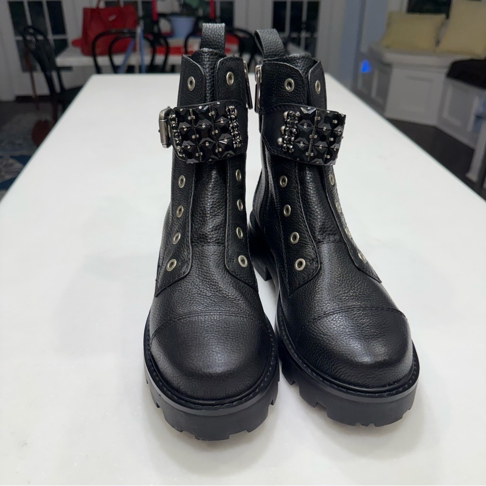 Karl Lagerfeld Maeva Women’s Embellished Black Leather Combat Boot Zip Up Sz 8 - Picture 3 of 10